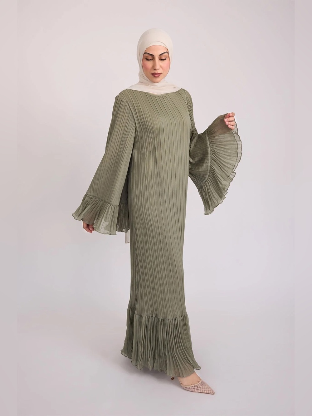 Zahraa the label Camille Pleated Maxi Dress in Olive